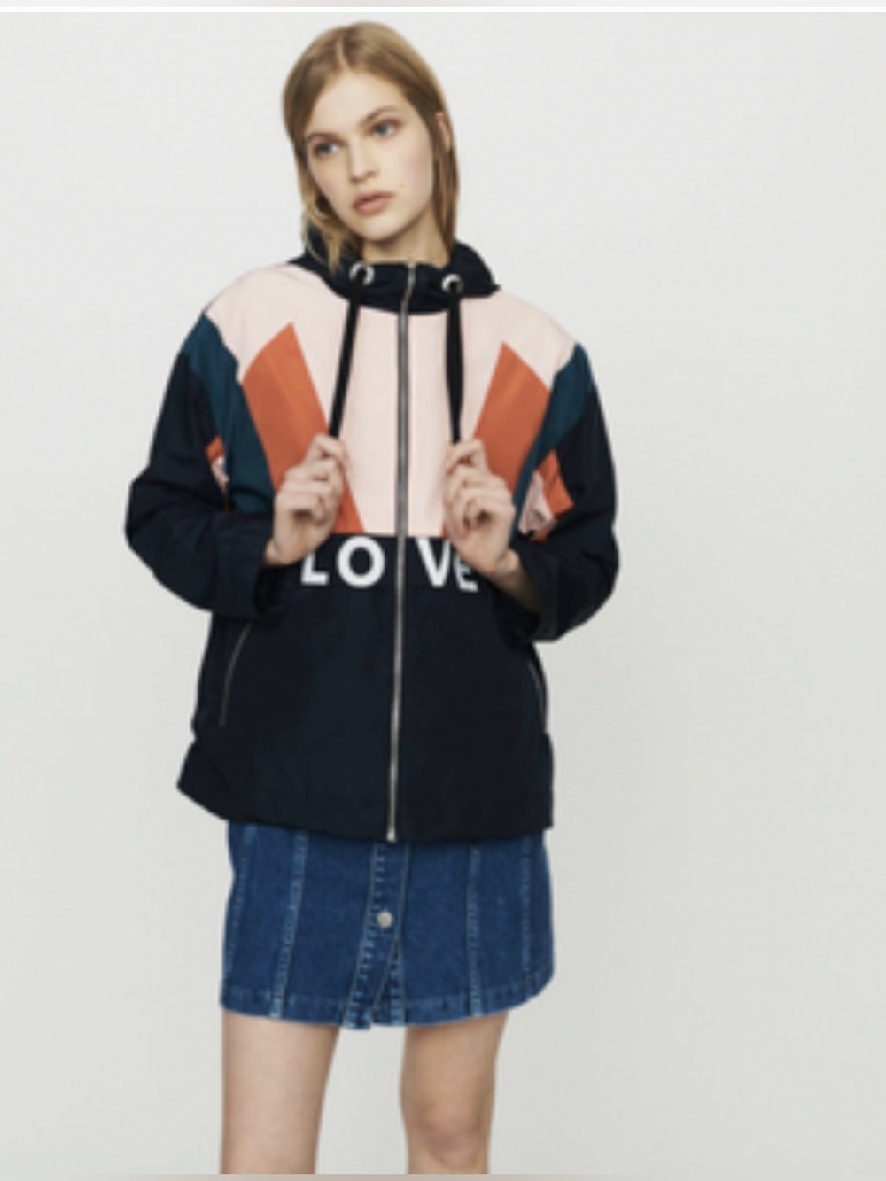 Maje Blima Colorblock Hooded Bomber Jacket in Navy, Pink & Rust